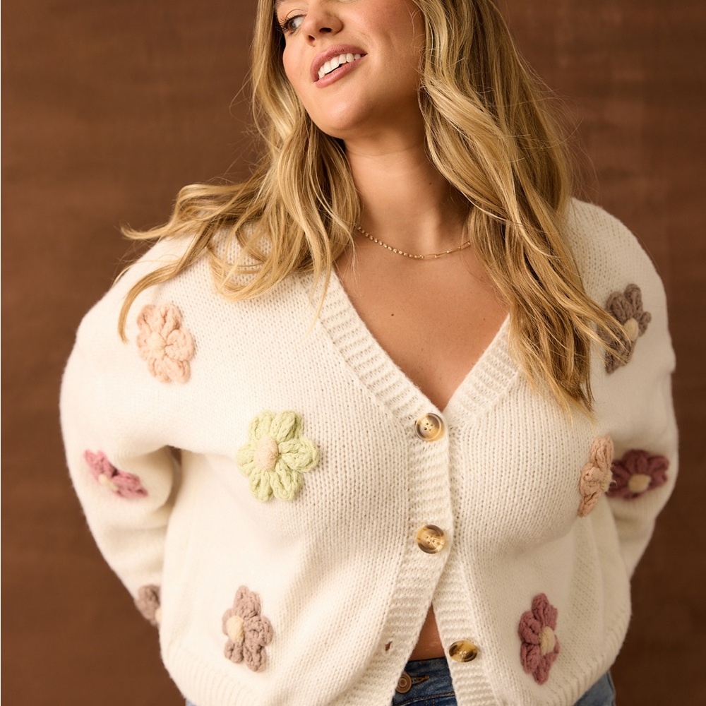 Floral Embroidered White Cardigan Sweater
